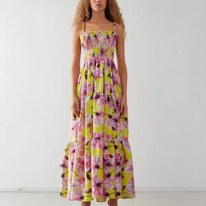 Delfi Fiona Floral Yellow Pink Smocked Tiered Maxi Dress Size XS